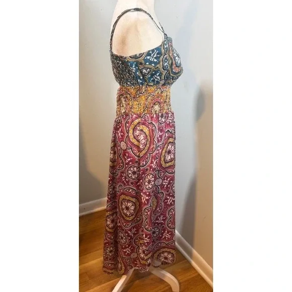 Anthropologie Cutout Smocked Midi Dress Size S Mixed Paisley Medallion Blue Pink - Picture 3 of 11